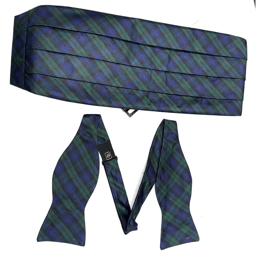 Ferrell Reed For Nordstrom Cummerbund & Tie Mens Green Navy Plaid Wedding Party